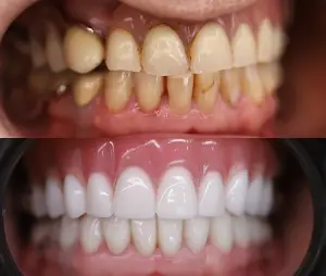 Porównanie zębów przed i po: górny obraz przedstawia pożółkłe, przebarwione i nieprawidłowo ustawione zęby z recesją dziąseł, podczas gdy dolny obraz przedstawia proste, białe, czyste zęby i zdrowe dziąsła po leczeniu stomatologicznym.