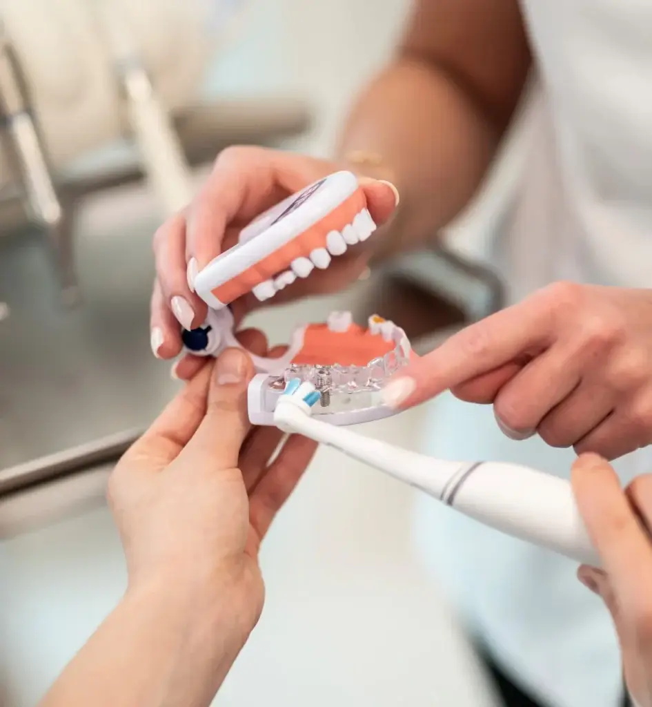 Dwie osoby demonstrują prawidłową technikę szczotkowania przy użyciu szczoteczki elektrycznej i modelu dentystycznego z zębami, podkreślając kluczowe praktyki w zakresie higienizacji zębów i higieny jamy ustnej.